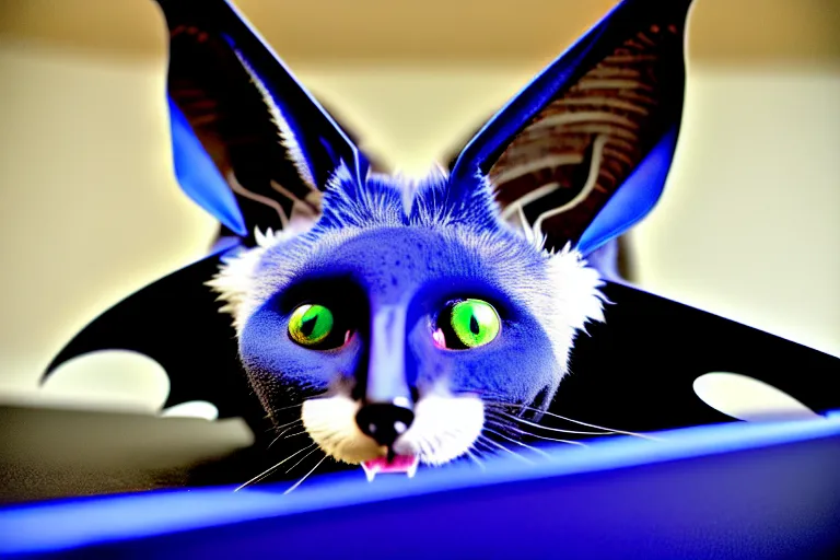 Image similar to a blue - and - black male catbat fursona with blue / green heterochromatic eyes and huge bat ears, photo of the catbat streaming on his computer