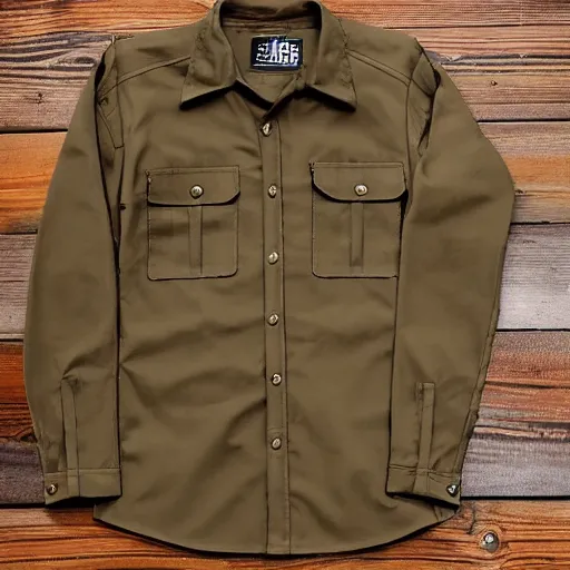 Prompt: detailed tactical cargo buckskin shirt