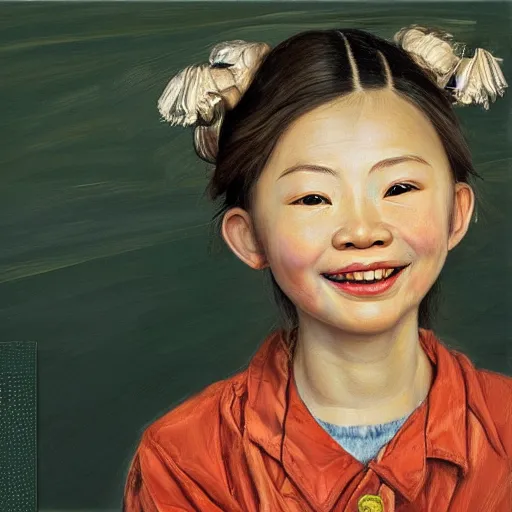 Image similar to high quality high detail painting by lucian freud, hd, smiling cute chineese girl portrait, photorealistic lighting