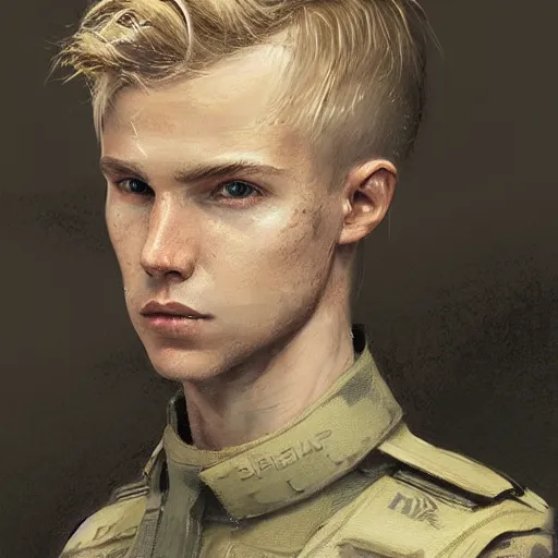 Image similar to Portrait of a man by Greg Rutkowski, he is about 20 years old, norwegian, short blond hair, young, manly, attractive, strong, older brother vibes, he is wearing futuristic military fatigues, highly detailed portrait, scifi, digital painting, artstation, concept art, smooth, sharp foccus ilustration, Artstation HQ