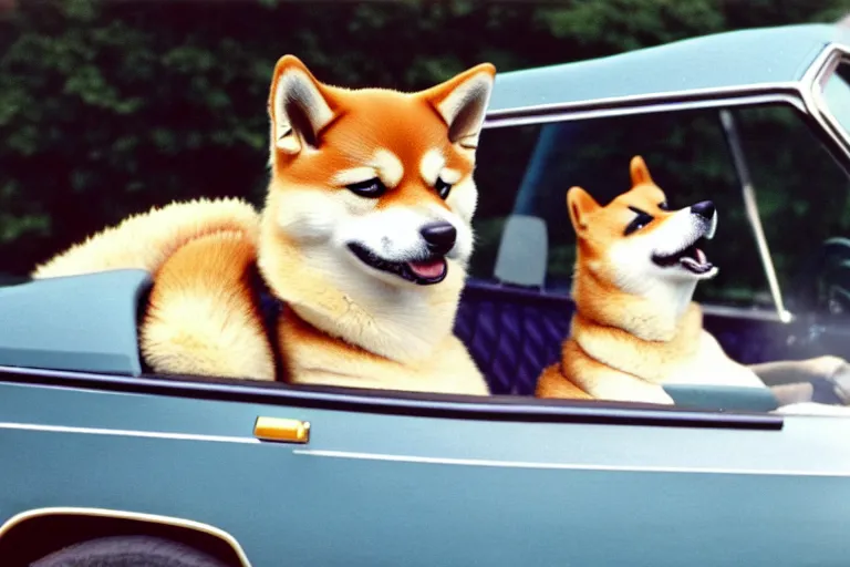 Prompt: picture of a shiba inu driving a car, 1 9 7 0 s