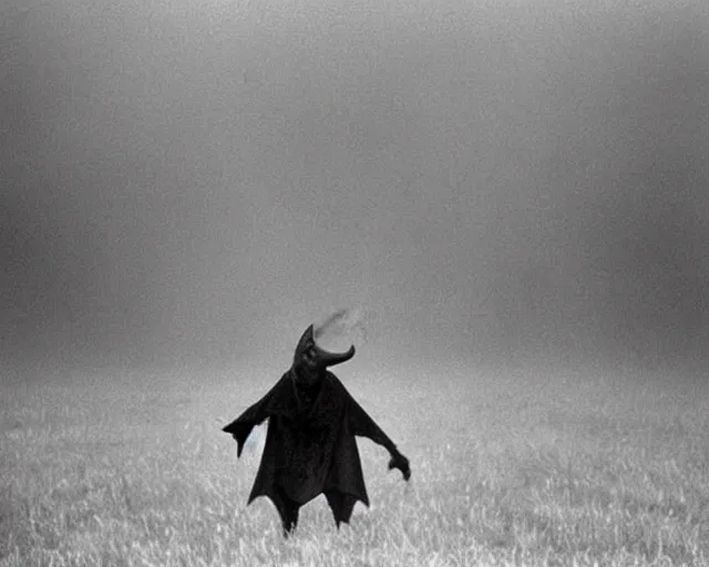 Prompt: A screaming demon anthropomorphic bat human standing in a foggy field. Vintage Associated Press photo.