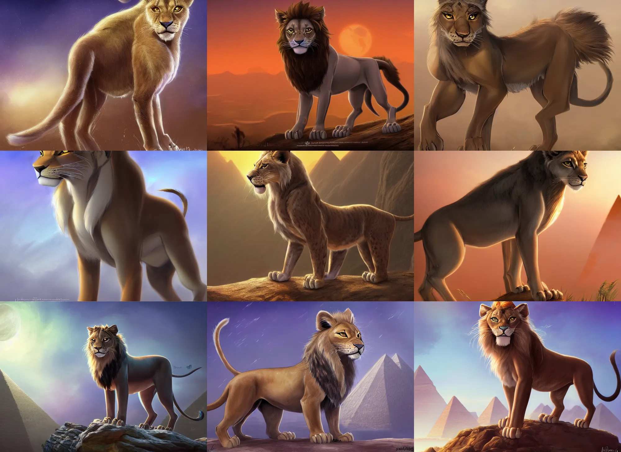 Prompt: fullbody extremely beautiful detailed character design of a feral feline in egypt. extremely detailed fur deviantart lioness adoptable, character concept artwork professional in the style of'the lion king'by jessica rossier, artstation, deviantart, fanpop