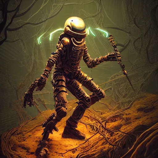 Prompt: Hunter in combat wooden exoskeleton with chrome details walks between the roots. by Dan Mumford and Tsutomu Nihei make game in Unreal Engine photorealism colorful finalRender iridescent fantasy concept art 8k resolution concept art ink drawing volumetric lighting bioluminescence, plasma, neon, brimming with energy, electricity, power, Colorful Sci-Fi Steampunk Biological Living, cel-shaded, depth, particles, lots of reflective surfaces, subsurface scattering