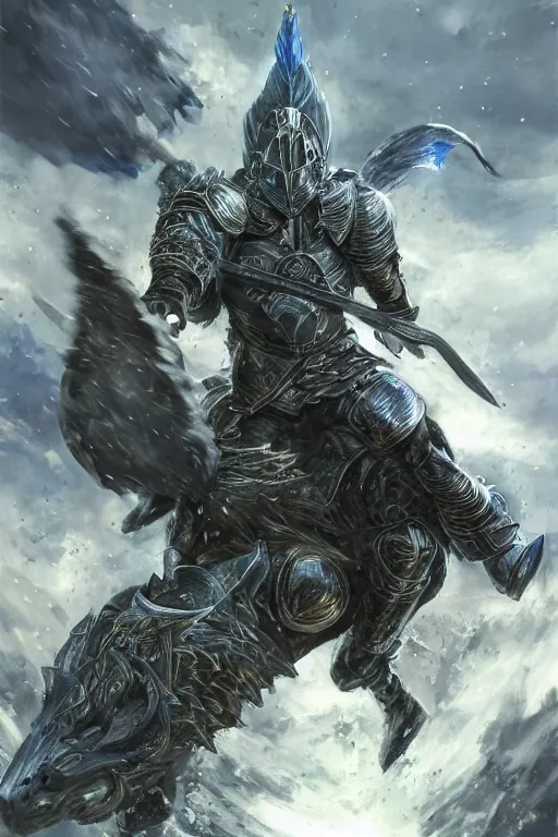 Image similar to a full body shot of an azure knight warrior by Kentaro Miura, Wolf themed armour, colored by Ronda Pattison, heavy armor, kingdom under fire in the background, dark colors, highly detailed, trending on artstation, CGsociety, exquisite detail, post-processing, masterpiece, volumetric lighting, cinematic, hypermaximalistic, high details, cinematic, 8k resolution, beautiful detailed, insanely intricate details