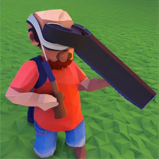 Image similar to vr game, axe in hand, variety of fruits on the front view, low poly