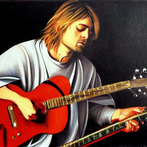 Prompt: Kurt Cobain playing guitar, oil painting by by Caravaggio