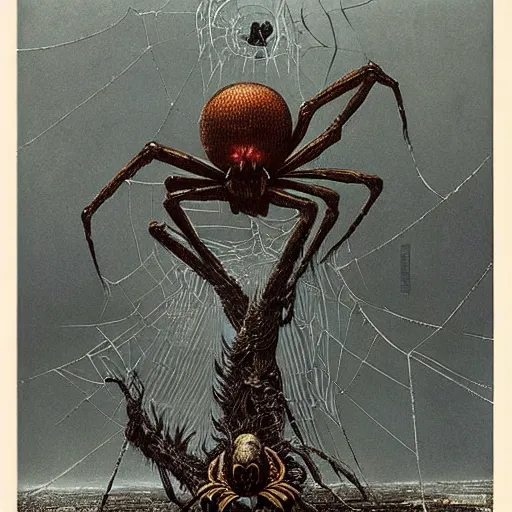 Image similar to horrific giant spider morphed with a wolf, perched on giant web spread across buildings, highly detailed beksinski and hr giger art