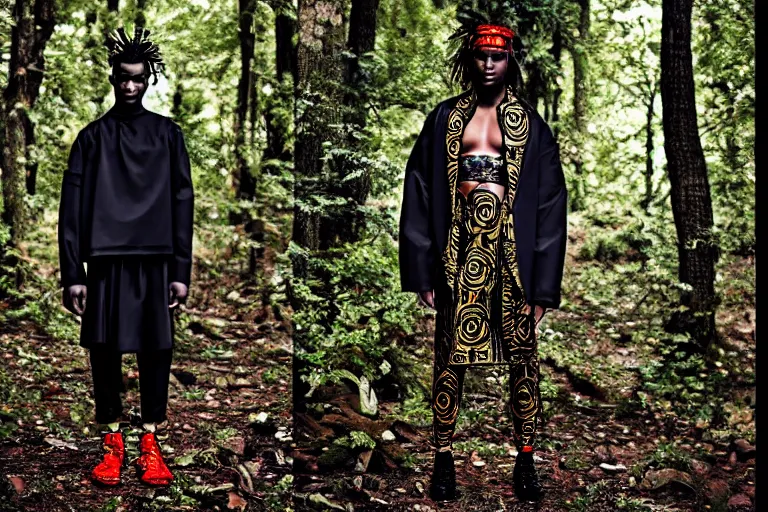 Prompt: versace avant garde male toga intricate textiles streetwear cyberpunk african american black skin in the woods overcast late evening dramatic 3 5 mm professional color