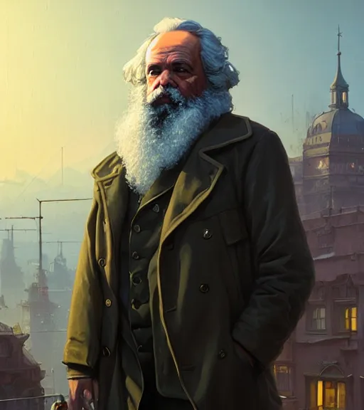 Image similar to highly detailed portrait karl marx in gta v, stephen bliss, unreal engine, fantasy art by greg rutkowski, loish, rhads, ferdinand knab, makoto shinkai and lois van baarle, ilya kuvshinov, rossdraws, tom bagshaw, global illumination, radiant light, detailed and intricate environment, guns, muscles, atlantic