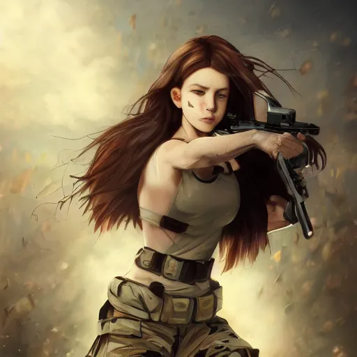 Prompt: soldier girl, anatomy, ground explosion, anime style, long hair, hair down, symmetrical facial features, under heavy fire, hyper realistic, pale skin, 4 k, rule of thirds, extreme detail, detailed drawing, trending artstation, hd, fantasy, d & d, realistic lighting, by alphonse mucha, greg rutkowski, sharp focus, backlit, soldier cloth