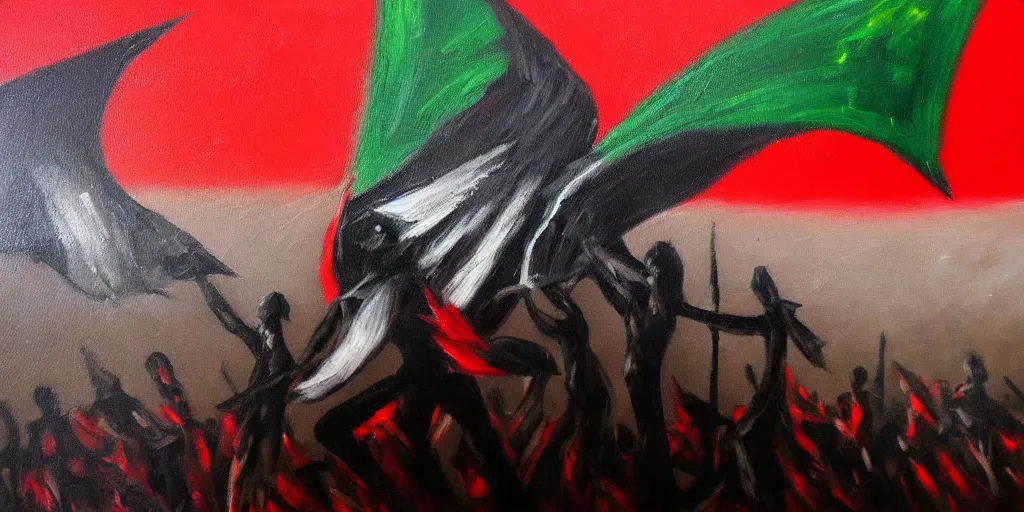 Image similar to dramatic dark oil painting of freedom for palestine, red green white black