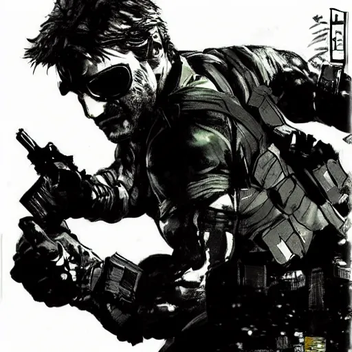 Image similar to solid snake fighting sam fisher by yoji shinkawa, concept art