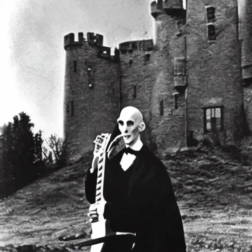 Image similar to vintage photograph of count orlok outside his castle, playing the blues on guitar, castle in the background, 4 k