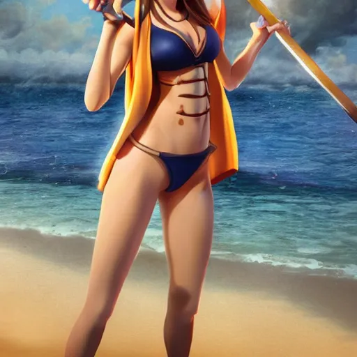 Image similar to A full body portrait of emma watson as Nami from one piece holding a trident in one hand, 3d, trending artstation, perfect faces