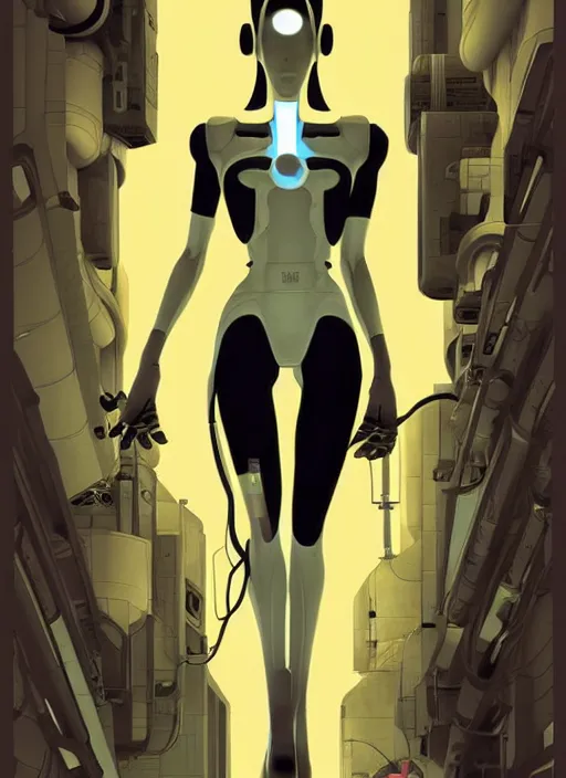 Image similar to poster artwork by Michael Whelan and Tomer Hanuka, of GLADOS from the game Portal 2, from Valve, Aperture Science, clean