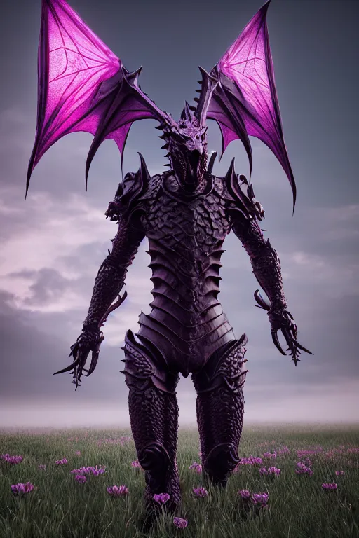 Image similar to high quality 3 d neo - gothic human dragon hybrid, exoskeleton armor, fighting with sword, field of pink flowers, highly detailed unreal engine, vitaly bulgarov dramatic dark teal light, ground angle hd 8 k, sharp focus