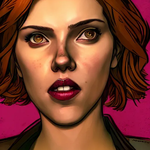 Image similar to scarlett johansson portrait, borderlands, tales from the borderlands, the wolf among us, comic, cinematic lighting, studio quality, 8 k