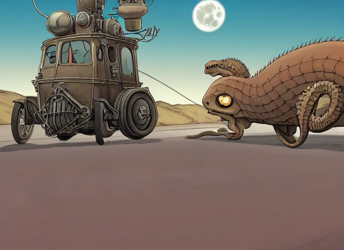 Prompt: a cell shaded cartoon of a lovecraftian mechanized rattlesnake from howl's moving castle ( 2 0 0 4 ), on a desert road, in front of a pale full moon, full body, wide shot, very dull muted colors, studio ghibli, laurie greasley, highly detailed, deviantart, art by artgem