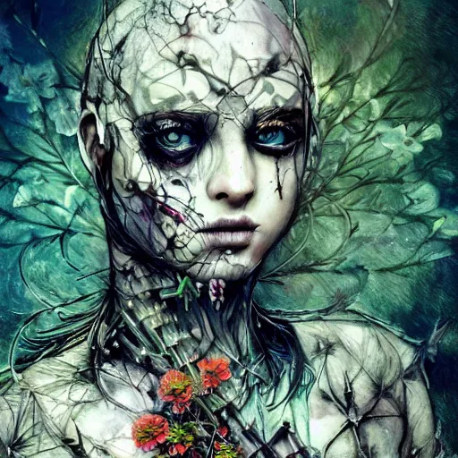 Prompt: gothic mute hybrid cyborg warrior girl of flowers, cybor clothes shaping love!, freedom fighter, eerie, cinematic, epic, 8 k, ultra realistic,. | a psychedelic, illustration by albrecht durer, concept art in style of carne griffiths artwork by xsullo. | backround of beautiful floweres floatingby elson, peter kemp, peter