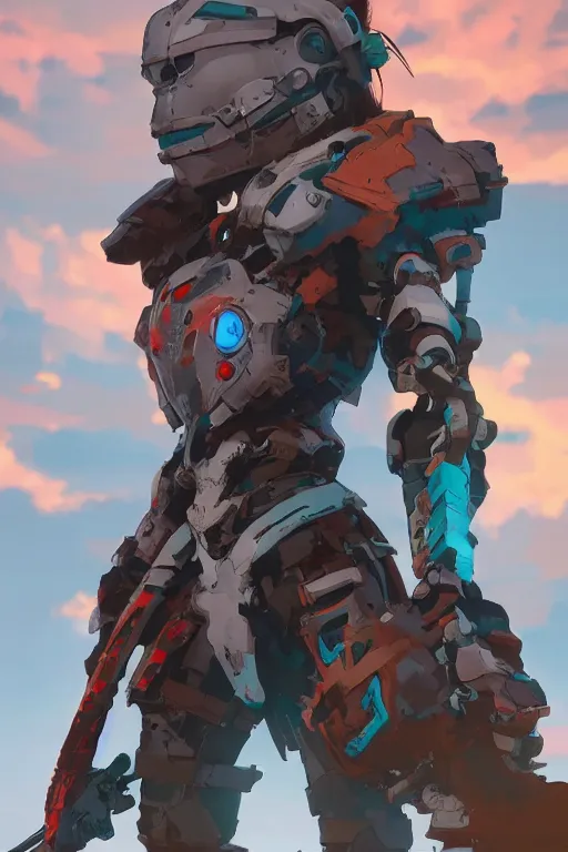 Image similar to combination suit armor aloy horizon forbidden west horizon zero dawn robot ninja mask helmet backpack tribal, aesthetic octane render, 8 k hd resolution, by ilya kuvshinov and cushart krentz and gilleard james radiating a glowing aura cgi rtx 2 0 2 2