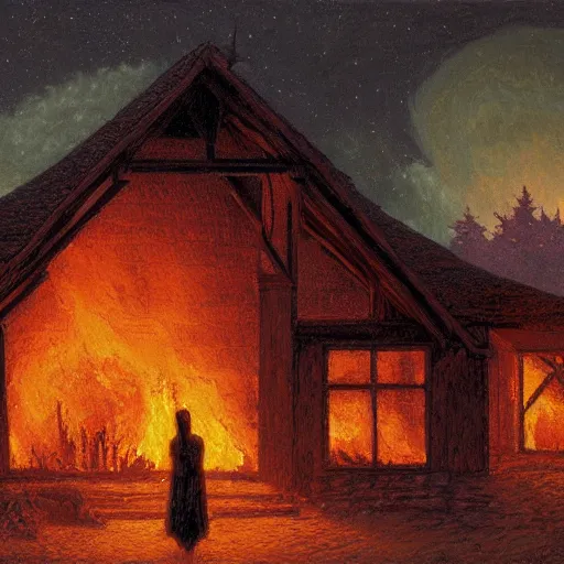 Image similar to a mysterious woman standing in front of a burning stone house with a wooden roof. Nighttime, embers everywhere, backlit, in the style of Donato Giancola