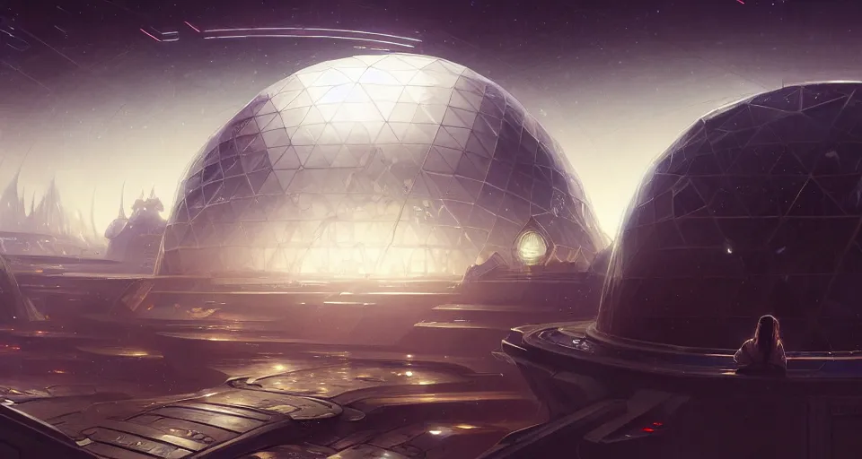 Image similar to cinematic shot, futuristic city on the moon inside a giant geodesic dome, utopian, night, stars, digital painting, artstation, concept art, smooth, sharp focus, illustration, intricate, elegant, highly detailed, in the style of greg rutkowski and alphonse mucha and artemisia, 8 k, highly detailed, jurgens, rutkowski