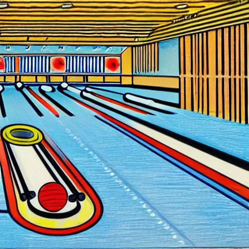 Prompt: a bowling alley in the style of howard arkley