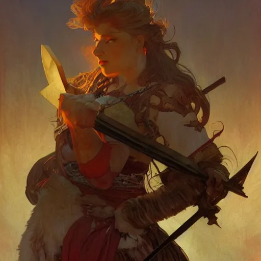 Prompt: Berserker warrior wielding a greataxe under a red moon, digital art, art by Alphonse Mucha, Greg Rutkowski, Alex Ross, WLOP, Artstation, 8K