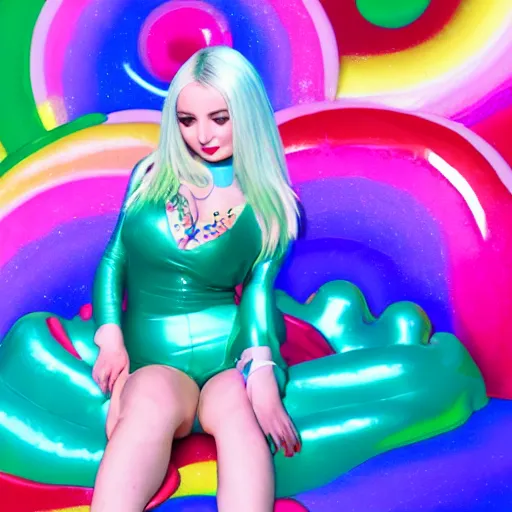 Prompt: kim petras in candyland portrait, eyes closed, album cover