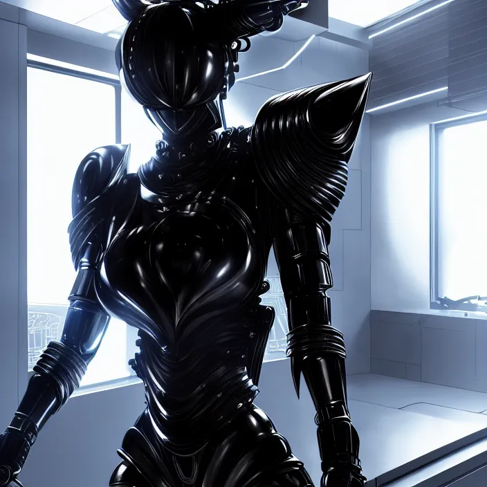 Prompt: a manga character in a futuristic room, black and shiny cyber armor, highly detailed, render, vray, octane, realistic lighting, by nihei tsutomu