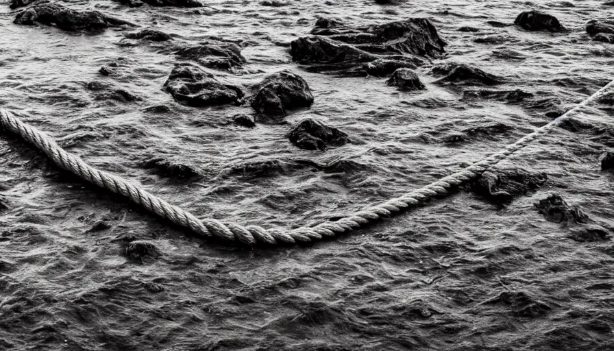 Prompt: wide shot of a rope on the surface of water, in the middle of a lake, overcast day, rocky foreground, 2 4 mm leica anamorphic lens, moody scene, stunning composition, hyper detailed, color kodak film stock