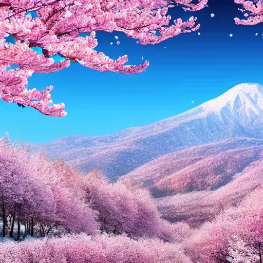 Prompt: Snowy mountain covered in cherry blossom trees , hd, intricate, hyper detailed, award winning, beautiful, 8k, digital art, surreal