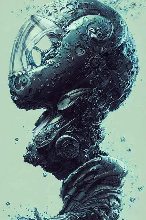 Prompt: close up shot of a full body floating astronaut portrait water elemental, high contrast, james gurney, peter mohrbacher, mike mignola, black paper, mandelbulb fractal, trending on artstation, exquisite detail perfect, large brush strokes, intricate ink illustration, black background