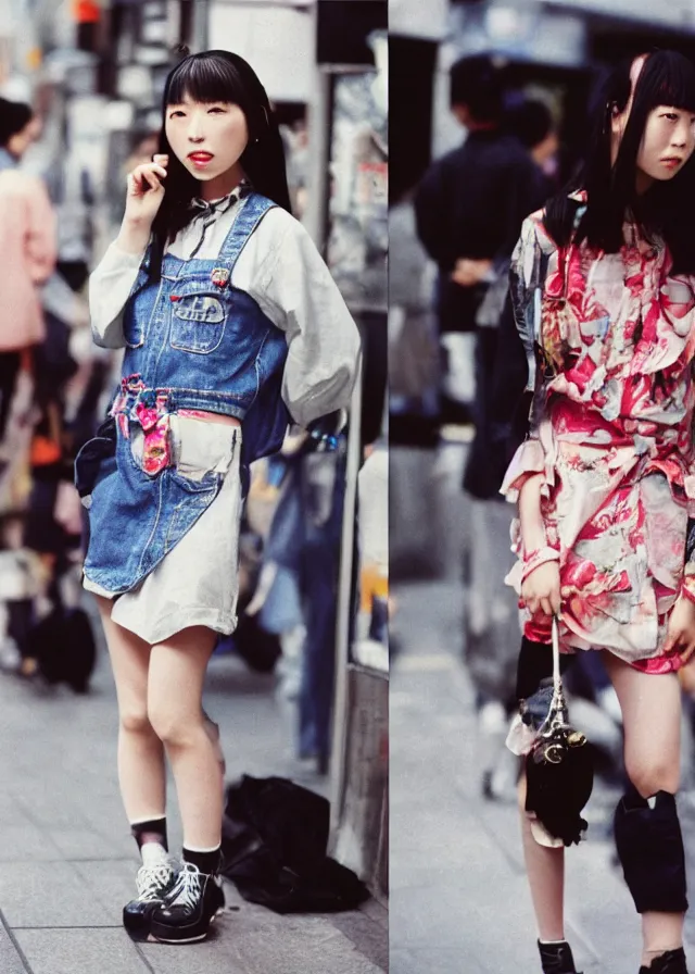 Prompt: a street fashion photograph of a singular young japanese woman in 9 0 s fashion, in tokyo akihabara, shot on cinestill 5 0 d with a canon 3 5 mm at f / 5. 6 lens, print magazine, photorealistic, nineties nostalgia, 4 k, no!!! two heads