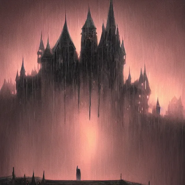 Image similar to a hooded figure entering a huge castle, raining and foggy, digital art by anato finnstark and randy vargas, featured on artstation and art of the year on deviantart, brethtaking lighting