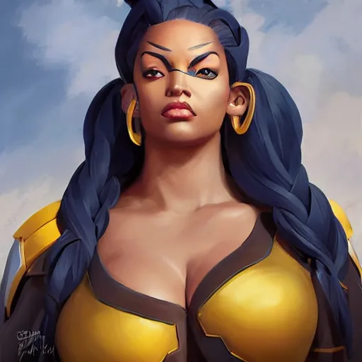 Image similar to greg manchess portrait painting of partially armored ororo munroe alias storm as overwatch character, medium shot, asymmetrical, profile picture, organic painting, sunny day, matte painting, bold shapes, hard edges, street art, trending on artstation, by huang guangjian and gil elvgren and sachin teng