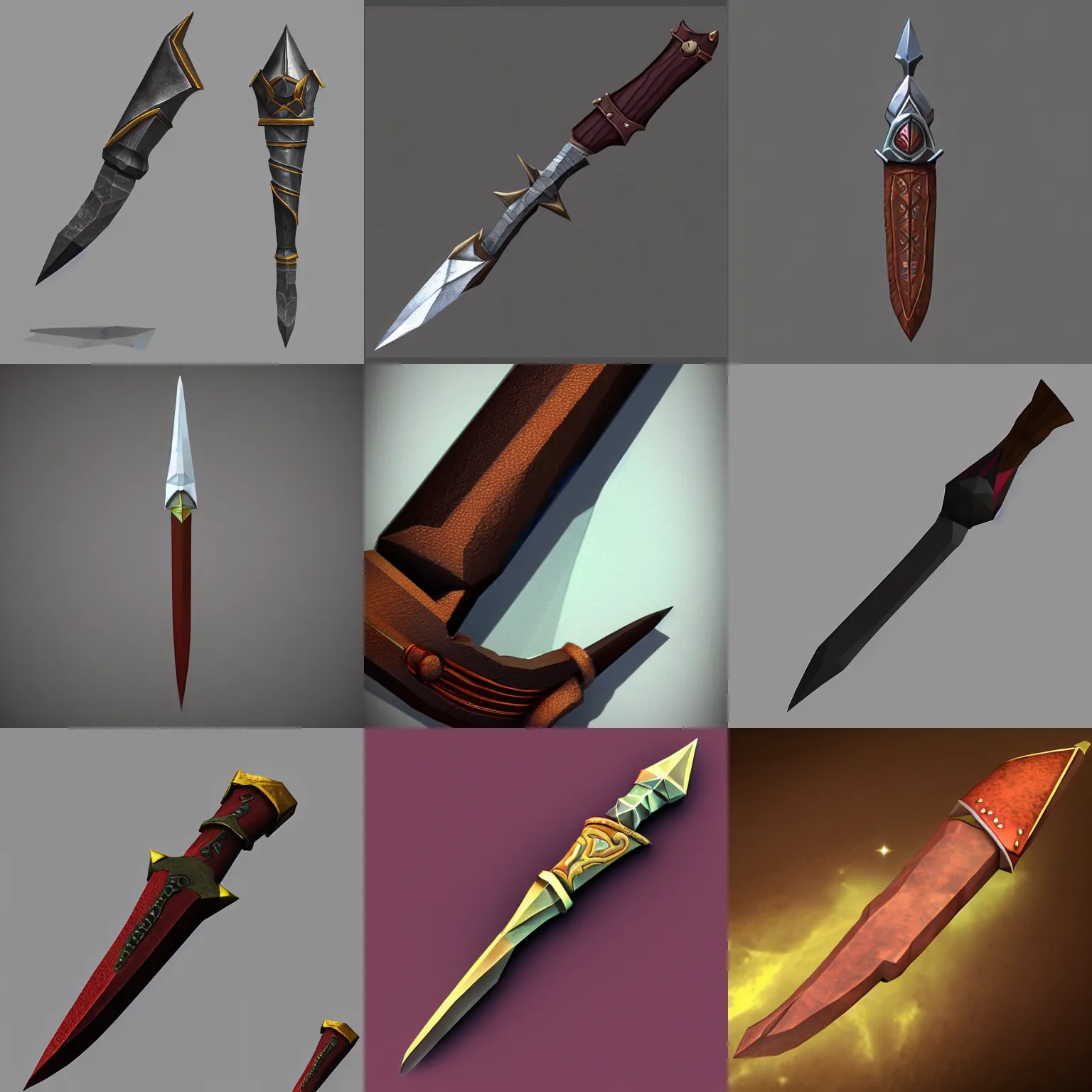 Prompt: low poly cosmic dagger with a leather handle, concept art, high detail