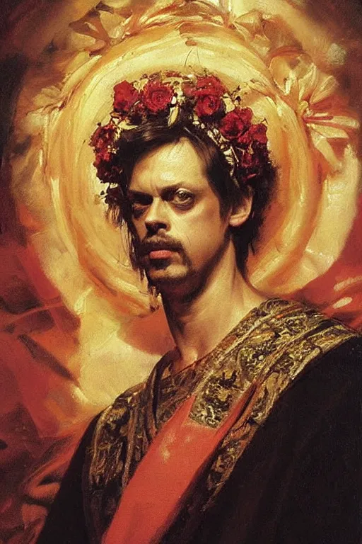 Image similar to beautiful oil painting, steve buscemi in royal crimson robes enthroned as the god emperor of ancient rome a golden wreath upon his head, by anders zorn, wonderful masterpiece by greg rutkowski, beautiful cinematic light, american romanticism, by thomas lawrence, greg rutkowski