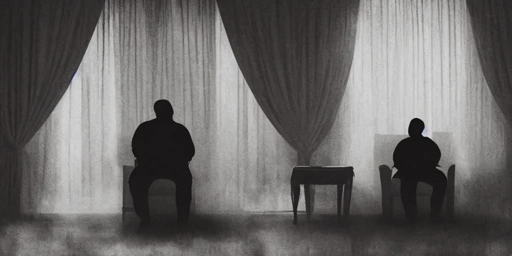 Image similar to photo style of nick fancher, portrait of silhouette of big black man sitting on throne, hazy foggy background and floor made of big curtains