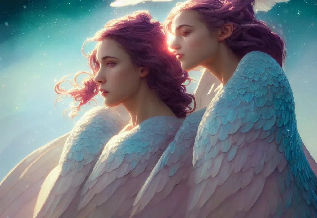 Image similar to one angel, big wings, low key light, full plate armor with cloth, f 1 6, bokeh, extreme close up portrait, gentle, female, mountain, storm, god rays, landscape, d & d, fantasy, elegant, teal pink white gold color palette, concept art, artgerm and greg rutkowski and alphonse mucha