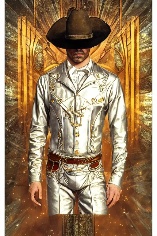 Prompt: a dramatic ethereal epic symmetrical painting of a handsome cowboy in a !!silvery!! gold outfit | tarot card, art deco, art nouveau, (steampunk), homoerotic, realistic | by Dresden Codak, by Mark Maggiori and ((((Alphonse Mucha))) | trending on artstation