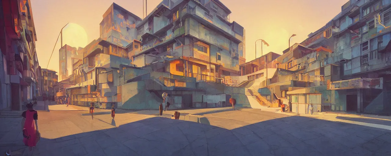 Image similar to An oilpainting of neo brutralism, concrete housing, a long stairway up, concept art, colorful, vivid colors, sunrise, warm colors, light, strong shadows, reflections, cinematic, 3D, in the style of Akihiko Yoshida and Edward Hopper