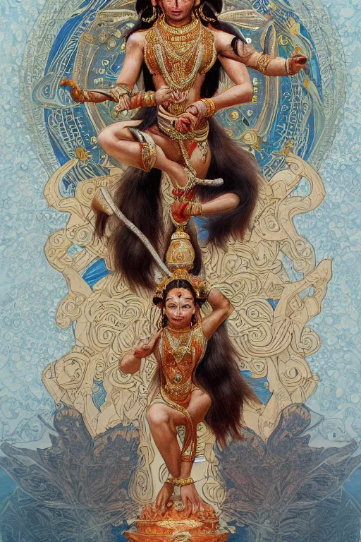 Image similar to a full body portrait of a beautiful ornated hanuman god, leaping pose, hindu stages of meditation, intricate, elegant, highly detailed, digital painting, artstation, concept art, smooth, sharp focus, line art illustration for tattoo, art by krenz cushart and artem demura and alphonse mucha