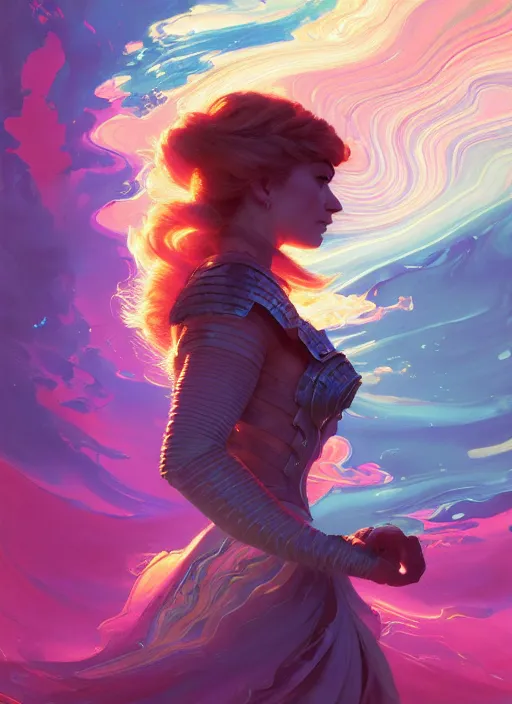 Image similar to side portrait, imogen poots, paladin, gloomhaven, soft, smooth, luminescent, colorful swirly ripples, gaudy colors, 8 k, by greg manchess, huang guangjian, gil elvgren, sachin teng, greg rutkowski, jesper ejsing, rhads, ilya kuvshinov, cushart krenz