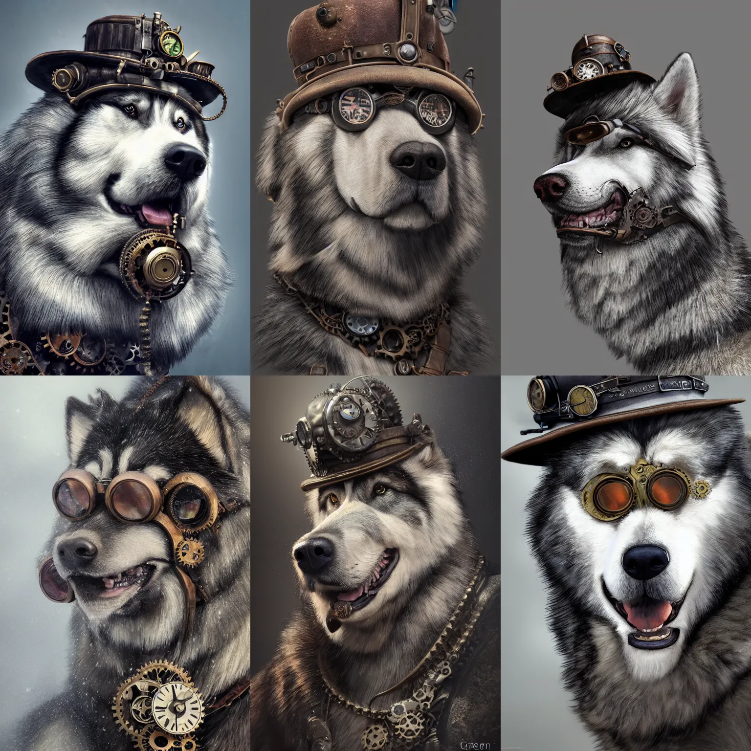 Prompt: Hyper realistic ultra-detailed portrait of alaskan malamute face, steampunk hat with goggles and gears, upper body, detective coat, sharp focus, illustration, fantasy style, octane render, volumetric lighting, 8k high definition, by greg rutkowski, highly detailed, trending on art station,