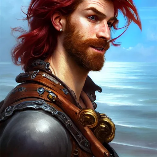 Image similar to portrait of a young ruggedly handsome but joyful pirate, male, masculine, upper body, red hair, long hair, d & d, fantasy, seductive smirk, intricate, elegant, highly detailed, digital painting, artstation, concept art, matte, sharp focus, illustration, art by artgerm and greg rutkowski and alphonse mucha