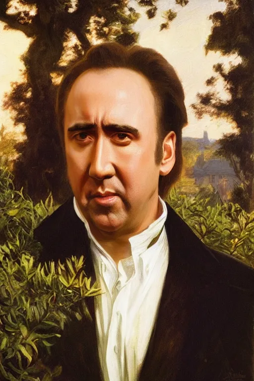 Image similar to Nicolas Cage, golden hour, in a garden, artstation, by J. C. Leyendecker and Peter Paul Rubens,