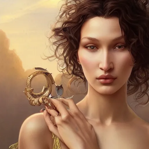 Prompt: ultra realistic illustration, bella hadid with a curly english mustache, intricate, elegant, highly detailed, digital painting, artstation, concept art, smooth, sharp focus, illustration, art by artgerm and greg rutkowski and alphonse mucha