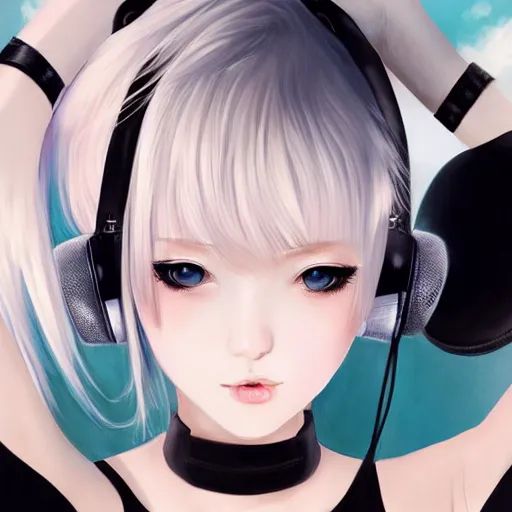 Image similar to realistic teasing detailed semirealism beautiful gorgeous cute Blackpink Lalisa Manoban white hair white cat ears blue eyes, wearing black camisole outfit, headphones, black leather choker full HD 4K high resolution quality WLOP, Aztodio, Taejune Kim, Guweiz, Pixiv, Instagram, Artstation